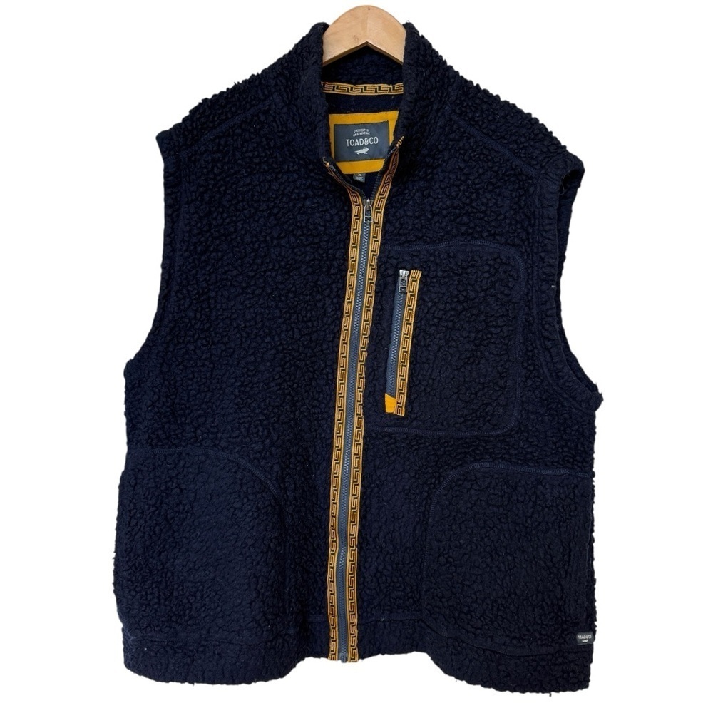 Toad & Co. Sespe Sherpa Fleece Deep Pile Vest Mens Size XL Navy Blue Full Zip